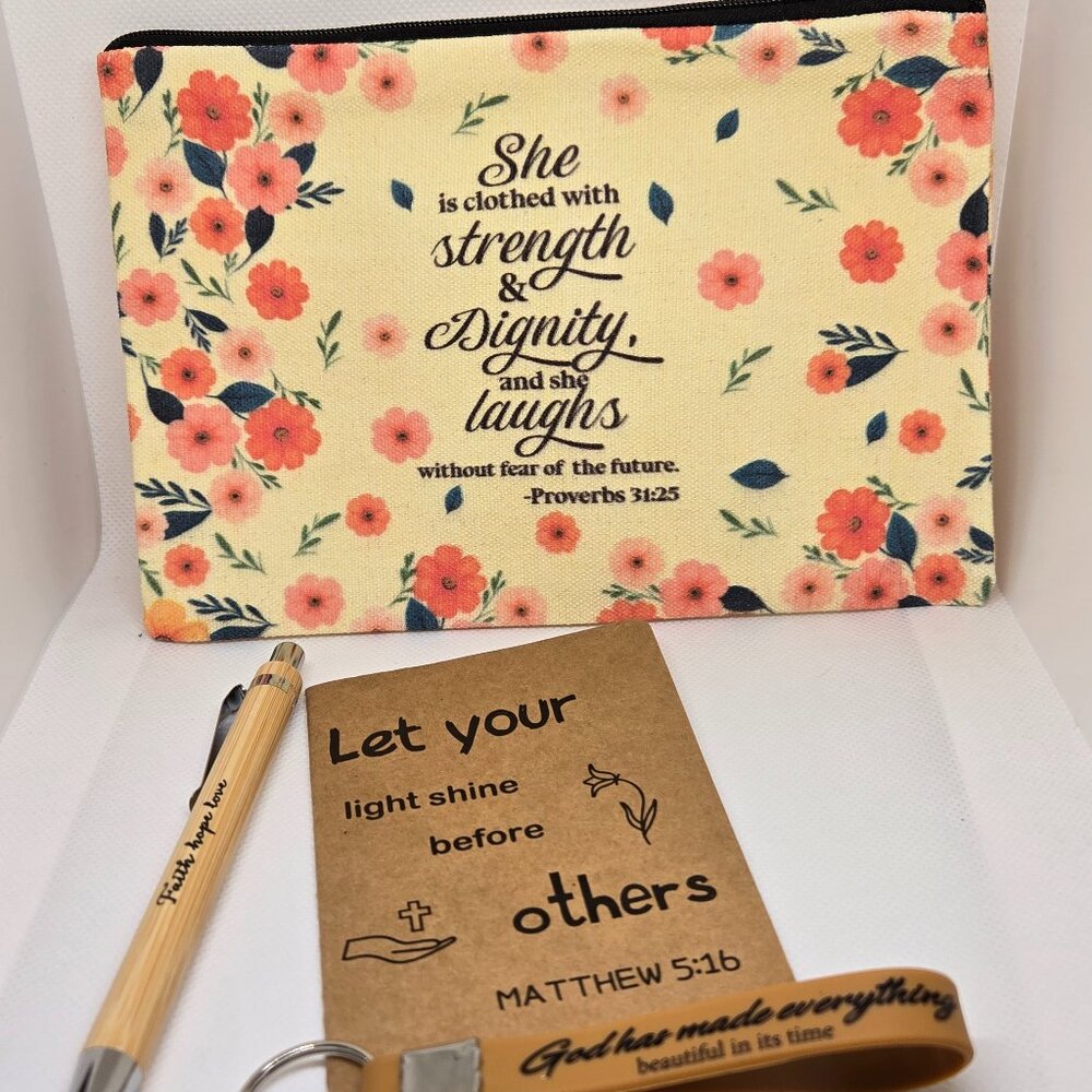 NEW INSPIRATIONAL FAITH CANVAS POUCH, NOTEPAD, PEN, BOOKMARK & KEYCHAIN GIFT SET